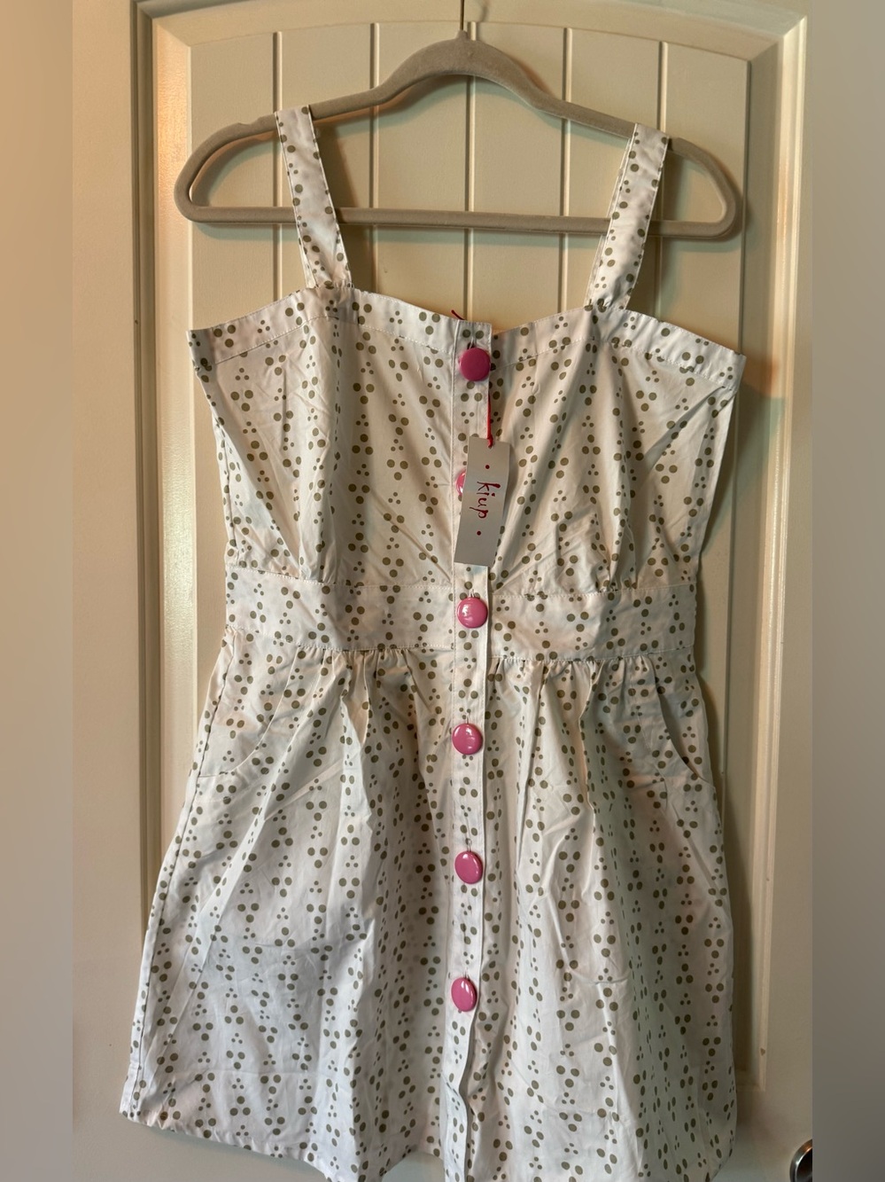 White Polka Dot Mini Dress with Pink Buttons NWT 100% Cotton